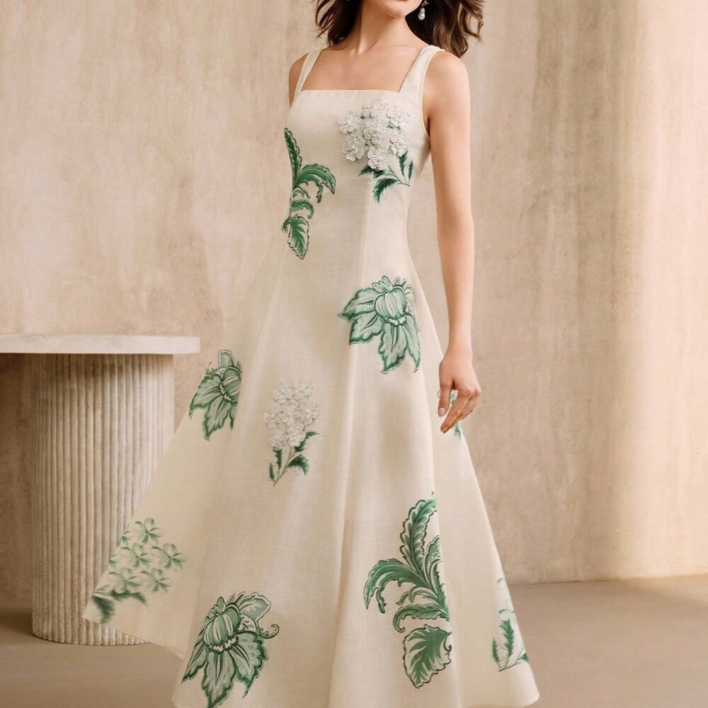 Green Elegant Women's Floral Print Spaghetti Strap Dress